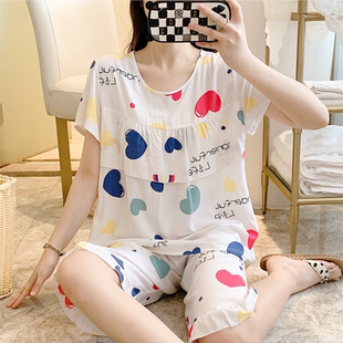 寬松可外穿人造棉家居服 薄水洗棉大碼 棉綢睡衣女防凸點夏短袖 套裝