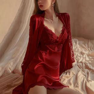 冰絲紅色帶胸墊吊帶睡裙睡袍套裝 維多利亞性感睡衣女夏季 2025新款
