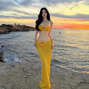 比基尼泳衣女2025新款 泰國絕美黃色分體三件套性感長裙海島度假風