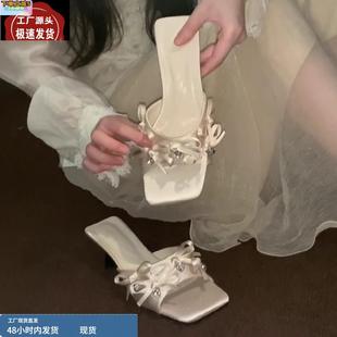 仙女配裙子露趾一字涼拖鞋 方頭水鉆蝴蝶結細跟涼鞋 女 法式 鹿小獸