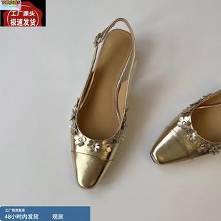 女后空一字扣帶配裙子淺口粗跟單鞋 氣質花朵包頭涼鞋 法式 羊皮版