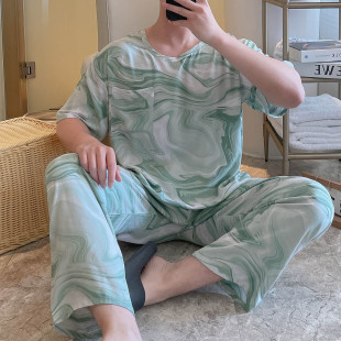 薄 可外穿休閑高級感人造棉套裝 棉綢睡衣男夏季 涼感家居服寬松大碼