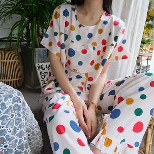 寬松韓版 防凸點套裝 小清新人造棉家居服 棉綢睡衣女夏短袖 2025新款