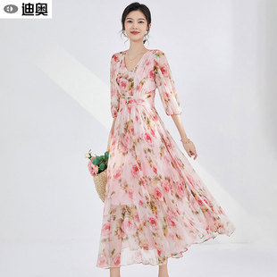 浪漫茶歇?dú)赓|(zhì)桑蠶絲大擺長裙 法式 迪奧真絲碎花連衣裙女25夏季 新款