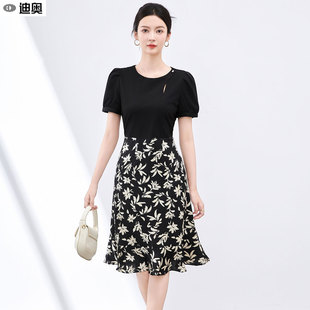 中長(zhǎng)裙高級(jí)感通勤A字裙子 印花拼接短袖 迪奧連衣裙女夏25新款 法式