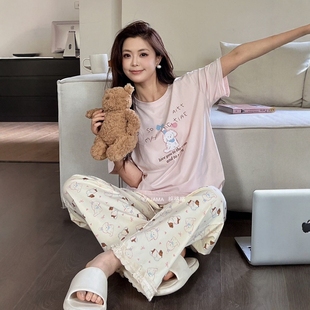 純棉甜美可愛卡通花邊學(xué)生可外穿家居服套裝 長褲 睡衣女短袖 夏季