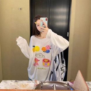 卡通印花T恤夏季 原版 長袖 慵懶風薄款 輕薄透氣寬松休閑上衣女 面料