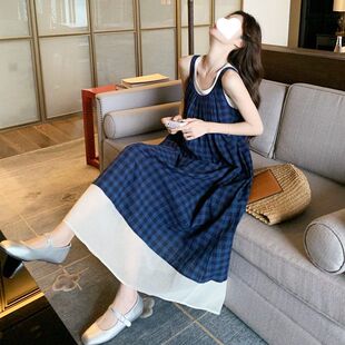 寬松大擺型復古格子輕熟風吊帶裙女夏新款 溫柔背帶長裙氣質連衣裙