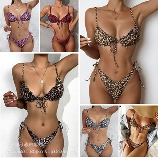 202新款 歐美跨境分體比基尼褶皺邊豹紋性感遮肚分體泳衣bikini