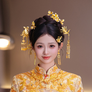 全金色百搭鳳凰流蘇發(fā)簪精致結(jié)婚發(fā)飾秀禾傳統(tǒng)中式 新娘龍鳳褂頭飾