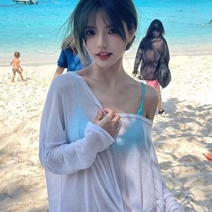 防曬衣 可下水泡溫泉游泳外搭網紗薄款 海邊沙灘比基尼泳衣罩衫 女款