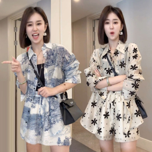 洋氣防曬套裝 休閑闊腿短褲 女2025夏季 雪紡襯衫 兩件套 寬松時尚 新款