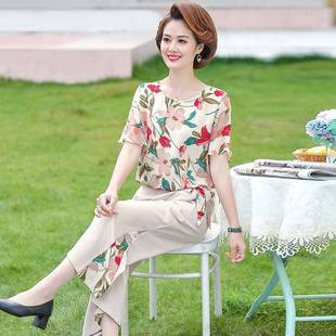 套裝 年輕媽媽短袖 洋氣上衣服40歲50中老年雪紡衫 夏裝 T恤中年女裝