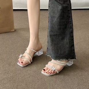 水鉆蝴蝶結粗跟拖鞋 絕美法式 女夏外穿 2025新款 仙女風水晶高跟涼鞋
