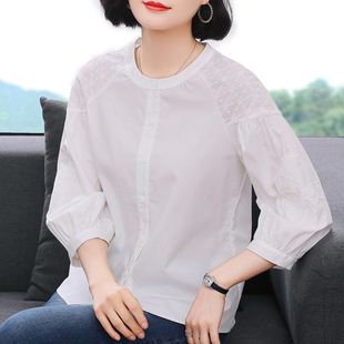 t恤女 襯衫 新款 減齡純棉半袖 上衣中老年寬松襯衣 2025夏裝 媽媽短袖