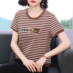 t恤女 小衫 新款 純棉衣服半袖 中老年洋氣條紋上衣 2025夏裝 媽媽短袖