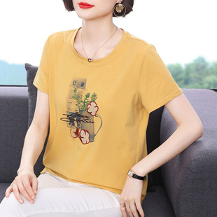 t恤女 新款 寬松半袖 2025夏裝 中老年媽媽百搭上衣 繡花小衫 純棉短袖