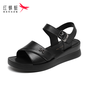 新款 紅蜻蜓正品 2025夏季 真皮媽媽涼鞋 坡跟厚底舒適防滑軟底 女涼鞋