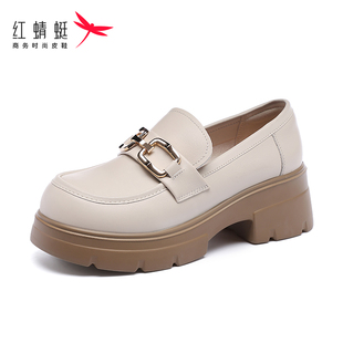小皮鞋 頭層牛皮厚底增高6CM高跟真皮時尚 軟 百搭樂福鞋 紅蜻蜓女鞋