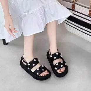 外穿少女感沙灘女涼鞋 2025夏季 面包鞋 仙女風水鉆厚底露趾時尚 新款