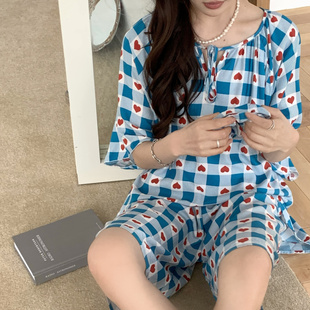 春夏天大碼 薄款 寬松甜美家居服可外穿 中褲 防凸點睡衣女士棉綢短袖
