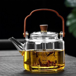 高硼硅耐高溫透明玻璃煮茶壺帶胡桃木把手蒸煮提梁茶壺雙膽泡