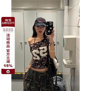 T恤女甜辣休閑修身 復古辣妹迷彩短款 顯瘦斜肩上衣 2025美式 F383