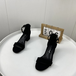 羊絨一字扣帶優(yōu)雅粗跟高跟露趾外穿涼鞋 真皮女鞋 處理2023夏款 斷碼