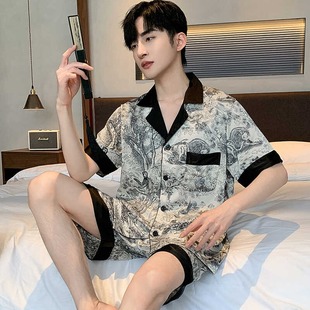 國風2025新款 短褲 絲綢薄款 男生大碼 可穿外 冰絲睡衣男夏季 套裝 短袖