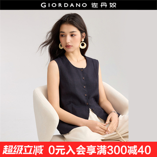 設計師款 單排扣圓領背心外套18375803 佐丹奴老錢風馬甲女亞麻薄款
