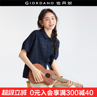 格紋襯衫 微透泡泡紗減齡娃娃領短袖 女18345605 佐丹奴新款 設計師款