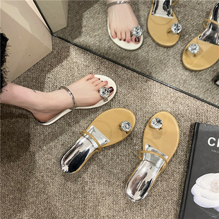 一顆鴿子蛋大姐姐同款 女 水鉆外穿夾趾涼拖套趾平底內增高坡跟涼鞋