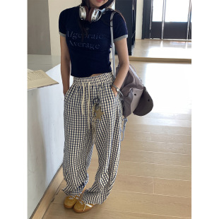子女寬松百搭氣質(zhì)簡(jiǎn)約橡筋高腰格子長(zhǎng)褲 歐洲站夏季 松馳褲 韓版 新款