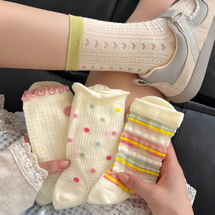 多巴胺襪子女中筒襪夏季 可愛日系少女花邊網眼長襪飛凡棉品襪 薄款