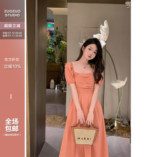 氣質中長款 泡泡袖 a字裙子 方領連衣裙女夏季 佐佐家小個子溫柔法式