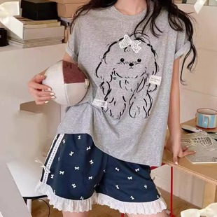 純棉睡衣家居服可外穿女 短褲 卡通小狗花邊蝴蝶結花邊日式 少女短袖