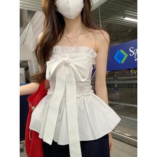 顯瘦百搭上衣女ins 修身 甜辣風(fēng)荷葉邊系帶蝴蝶結(jié)抹胸2025夏季 新款