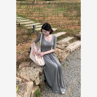 大擺長裙女 流行單品收腰修身 芭蕾風U領連衣裙女夏季 流行穿搭新款