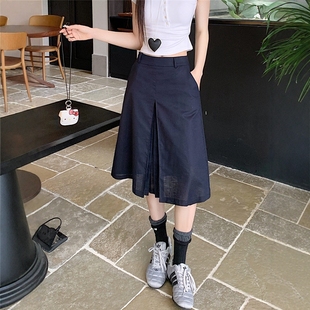 日系復古藏青色棉麻半身裙女夏季 高腰百褶裙遮胯a字中長傘裙 大碼