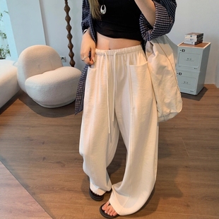休閑闊腿鐮刀彎刀長褲 子女薄款 子 白色亞麻褲 日本JGYPDM2025新款