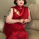 改良新中式 歡喜橙 胖MM旗袍紅色無袖 大碼 晨袍敬酒服上檔次 緋煙
