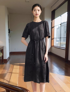 專柜黑色真絲連衣裙女2024新款 夏桑蠶絲媽媽收腰顯瘦裙子高端