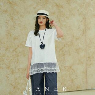 T恤女內(nèi)搭減齡 822800下擺拼接蕾絲花邊短袖 SANER女裝 2025春夏新款