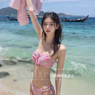 泳衣女高級感分體三點式 比基尼裹裙抹胸掛脖性感格子顯瘦度假泳裝