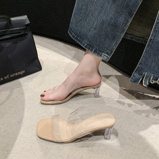 粗跟涼鞋 百搭氣質水晶透明高跟鞋 女夏季 外穿一字拖鞋 2024新款 法式