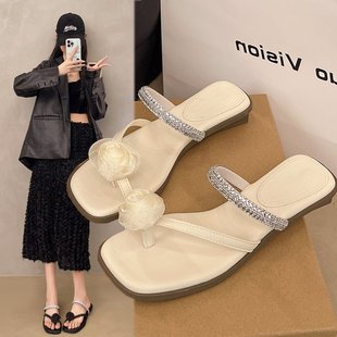 平底涼鞋 外穿水鉆珍珠夾趾套趾配裙子涼拖鞋 女款 夏季 2025新款 法式