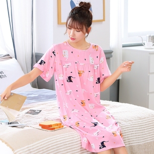 人造棉連衣裙寬松大碼 短袖 可愛綿綢家居服 棉綢睡裙女胖MM夏季 長款