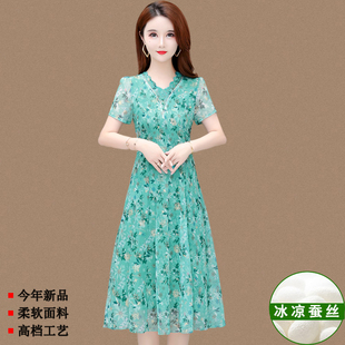 女夏高端印花桑蠶絲連 新款 專柜大牌香云紗真絲裙中老年媽媽裝 時尚