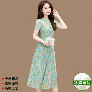 媽媽小清新a字裙特價 專柜杭州香云紗正品 真絲桑蠶絲連衣裙夏新款