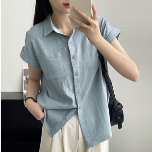 日系外貿原單清倉折扣純棉短袖 女設計感小眾休閑襯衣翻領上衣 襯衫